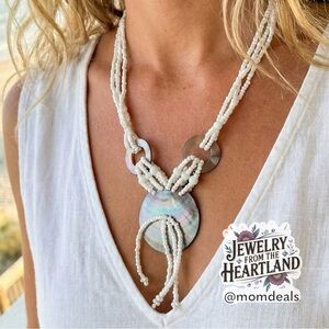 White Abalone Necklace with White Seed Beads & Shiny Silver Toned Abalone